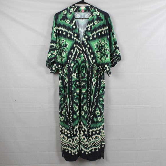 Farm Rio Dress Women Extra Large Kimono Maxi Ikat Green Black Boho Chic Tropical - Picture 1 of 10